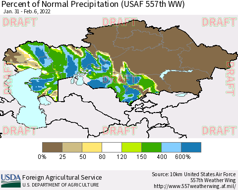Kazakhstan Percent of Normal Precipitation (USAF 557th WW) Thematic Map For 1/31/2022 - 2/6/2022