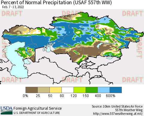 Kazakhstan Percent of Normal Precipitation (USAF 557th WW) Thematic Map For 2/7/2022 - 2/13/2022