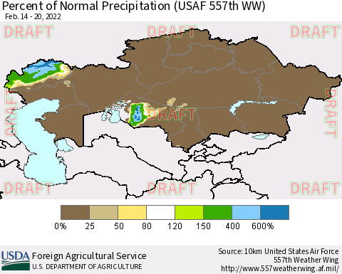 Kazakhstan Percent of Normal Precipitation (USAF 557th WW) Thematic Map For 2/14/2022 - 2/20/2022