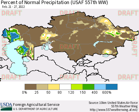 Kazakhstan Percent of Normal Precipitation (USAF 557th WW) Thematic Map For 2/21/2022 - 2/27/2022