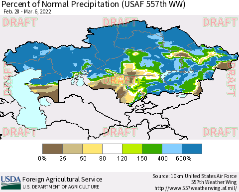Kazakhstan Percent of Normal Precipitation (USAF 557th WW) Thematic Map For 2/28/2022 - 3/6/2022