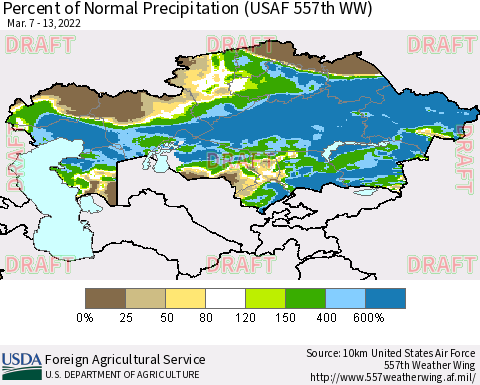 Kazakhstan Percent of Normal Precipitation (USAF 557th WW) Thematic Map For 3/7/2022 - 3/13/2022