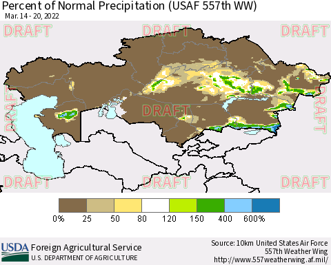 Kazakhstan Percent of Normal Precipitation (USAF 557th WW) Thematic Map For 3/14/2022 - 3/20/2022