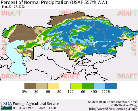 Kazakhstan Percent of Normal Precipitation (USAF 557th WW) Thematic Map For 3/21/2022 - 3/27/2022