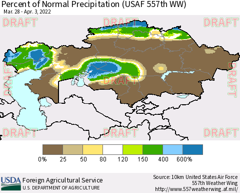 Kazakhstan Percent of Normal Precipitation (USAF 557th WW) Thematic Map For 3/28/2022 - 4/3/2022