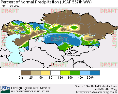 Kazakhstan Percent of Normal Precipitation (USAF 557th WW) Thematic Map For 4/4/2022 - 4/10/2022