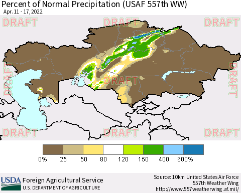 Kazakhstan Percent of Normal Precipitation (USAF 557th WW) Thematic Map For 4/11/2022 - 4/17/2022