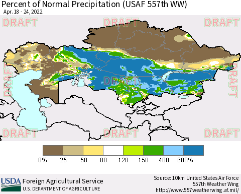 Kazakhstan Percent of Normal Precipitation (USAF 557th WW) Thematic Map For 4/18/2022 - 4/24/2022