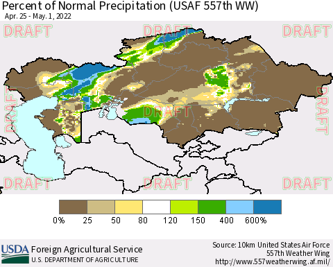 Kazakhstan Percent of Normal Precipitation (USAF 557th WW) Thematic Map For 4/25/2022 - 5/1/2022