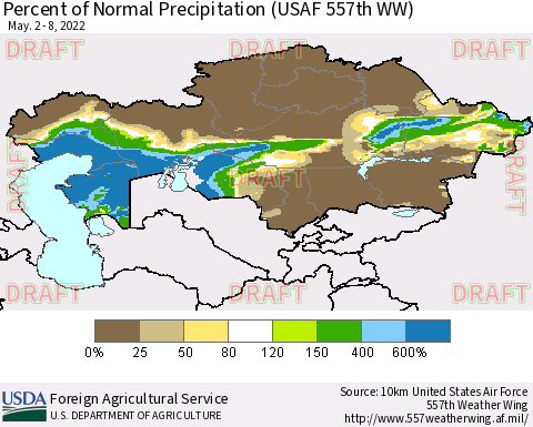 Kazakhstan Percent of Normal Precipitation (USAF 557th WW) Thematic Map For 5/2/2022 - 5/8/2022