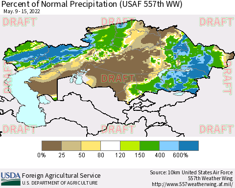 Kazakhstan Percent of Normal Precipitation (USAF 557th WW) Thematic Map For 5/9/2022 - 5/15/2022