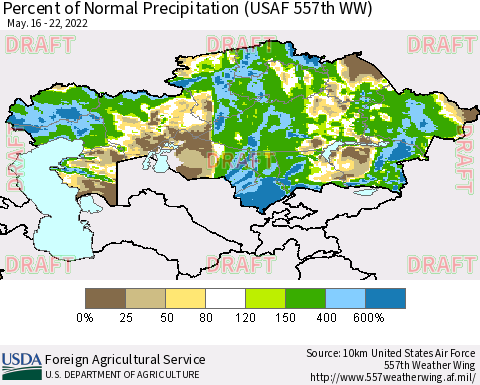 Kazakhstan Percent of Normal Precipitation (USAF 557th WW) Thematic Map For 5/16/2022 - 5/22/2022