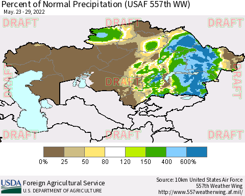 Kazakhstan Percent of Normal Precipitation (USAF 557th WW) Thematic Map For 5/23/2022 - 5/29/2022