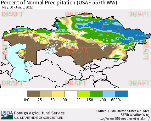 Kazakhstan Percent of Normal Precipitation (USAF 557th WW) Thematic Map For 5/30/2022 - 6/5/2022