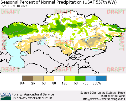 Kazakhstan Seasonal Percent of Normal Precipitation (USAF 557th WW) Thematic Map For 9/1/2021 - 1/10/2022