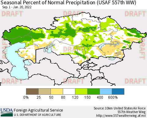 Kazakhstan Seasonal Percent of Normal Precipitation (USAF 557th WW) Thematic Map For 9/1/2021 - 1/20/2022