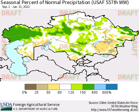 Kazakhstan Seasonal Percent of Normal Precipitation (USAF 557th WW) Thematic Map For 9/1/2021 - 1/31/2022