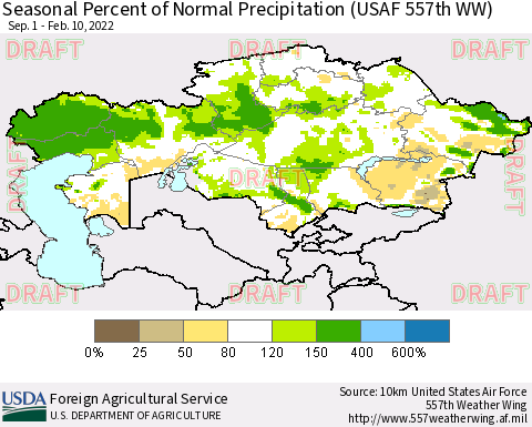 Kazakhstan Seasonal Percent of Normal Precipitation (USAF 557th WW) Thematic Map For 9/1/2021 - 2/10/2022