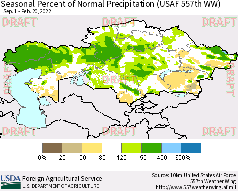 Kazakhstan Seasonal Percent of Normal Precipitation (USAF 557th WW) Thematic Map For 9/1/2021 - 2/20/2022