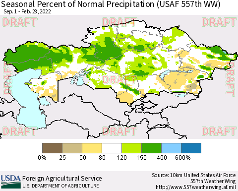 Kazakhstan Seasonal Percent of Normal Precipitation (USAF 557th WW) Thematic Map For 9/1/2021 - 2/28/2022