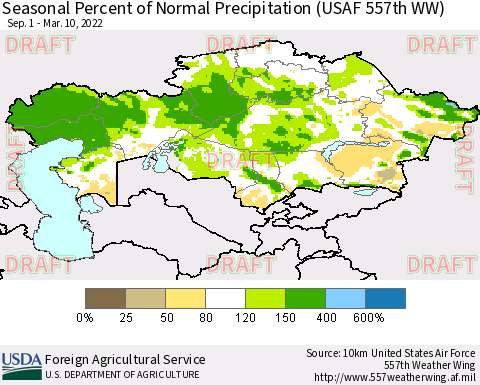 Kazakhstan Seasonal Percent of Normal Precipitation (USAF 557th WW) Thematic Map For 9/1/2021 - 3/10/2022