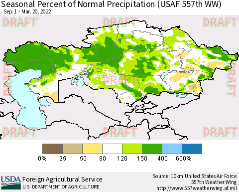 Kazakhstan Seasonal Percent of Normal Precipitation (USAF 557th WW) Thematic Map For 9/1/2021 - 3/20/2022