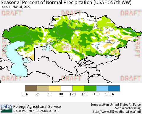 Kazakhstan Seasonal Percent of Normal Precipitation (USAF 557th WW) Thematic Map For 9/1/2021 - 3/31/2022