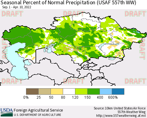 Kazakhstan Seasonal Percent of Normal Precipitation (USAF 557th WW) Thematic Map For 9/1/2021 - 4/10/2022