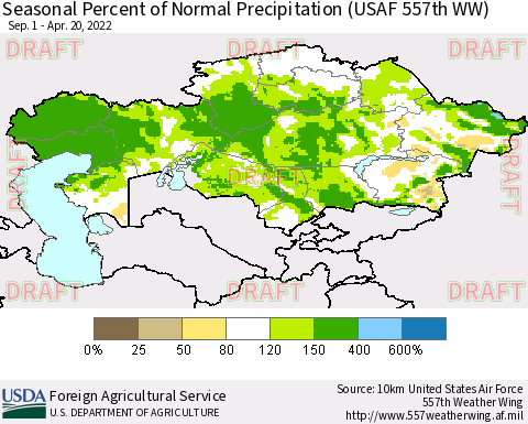 Kazakhstan Seasonal Percent of Normal Precipitation (USAF 557th WW) Thematic Map For 9/1/2021 - 4/20/2022