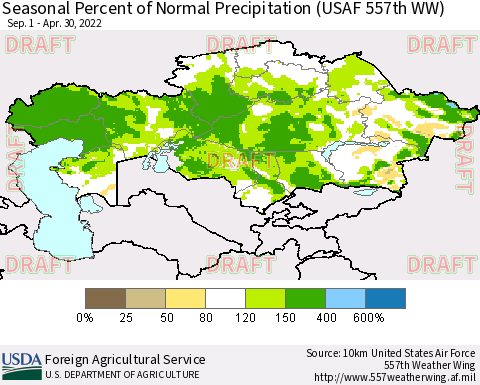 Kazakhstan Seasonal Percent of Normal Precipitation (USAF 557th WW) Thematic Map For 9/1/2021 - 4/30/2022