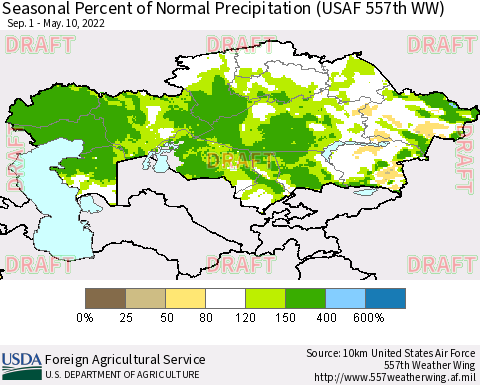 Kazakhstan Seasonal Percent of Normal Precipitation (USAF 557th WW) Thematic Map For 9/1/2021 - 5/10/2022