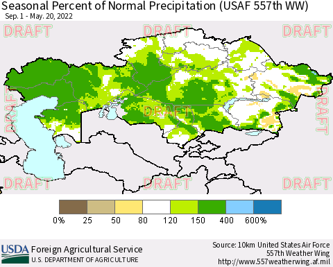 Kazakhstan Seasonal Percent of Normal Precipitation (USAF 557th WW) Thematic Map For 9/1/2021 - 5/20/2022