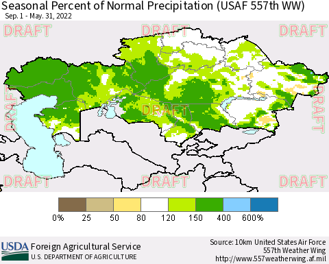 Kazakhstan Seasonal Percent of Normal Precipitation (USAF 557th WW) Thematic Map For 9/1/2021 - 5/31/2022