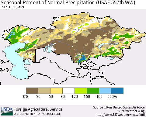 Kazakhstan Seasonal Percent of Normal Precipitation (USAF 557th WW) Thematic Map For 9/1/2021 - 9/10/2021