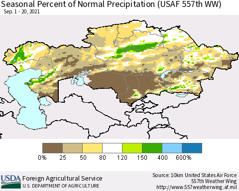 Kazakhstan Seasonal Percent of Normal Precipitation (USAF 557th WW) Thematic Map For 9/1/2021 - 9/20/2021