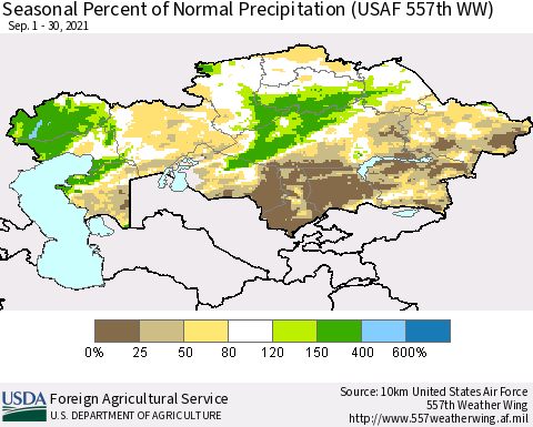 Kazakhstan Seasonal Percent of Normal Precipitation (USAF 557th WW) Thematic Map For 9/1/2021 - 9/30/2021