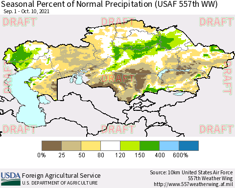 Kazakhstan Seasonal Percent of Normal Precipitation (USAF 557th WW) Thematic Map For 9/1/2021 - 10/10/2021
