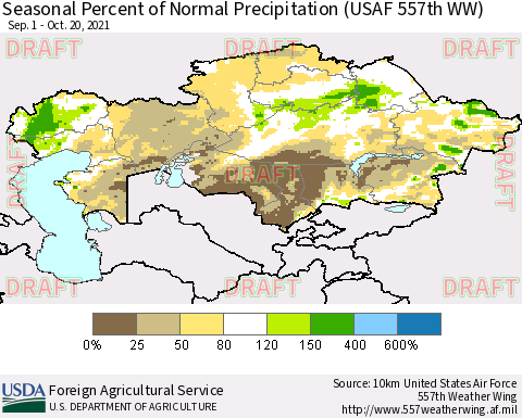 Kazakhstan Seasonal Percent of Normal Precipitation (USAF 557th WW) Thematic Map For 9/1/2021 - 10/20/2021