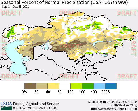 Kazakhstan Seasonal Percent of Normal Precipitation (USAF 557th WW) Thematic Map For 9/1/2021 - 10/31/2021