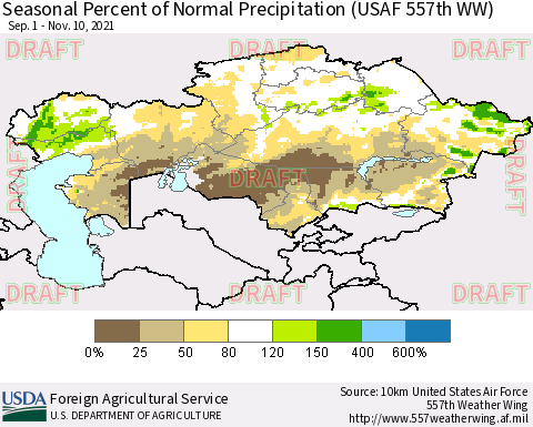 Kazakhstan Seasonal Percent of Normal Precipitation (USAF 557th WW) Thematic Map For 9/1/2021 - 11/10/2021
