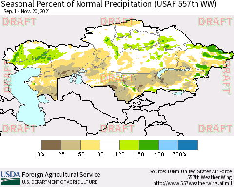 Kazakhstan Seasonal Percent of Normal Precipitation (USAF 557th WW) Thematic Map For 9/1/2021 - 11/20/2021