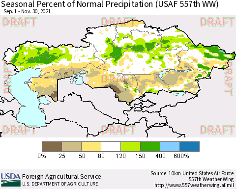 Kazakhstan Seasonal Percent of Normal Precipitation (USAF 557th WW) Thematic Map For 9/1/2021 - 11/30/2021