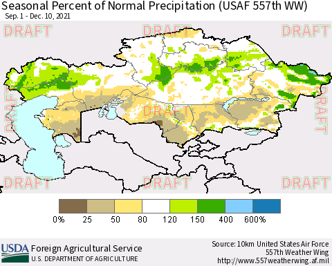Kazakhstan Seasonal Percent of Normal Precipitation (USAF 557th WW) Thematic Map For 9/1/2021 - 12/10/2021