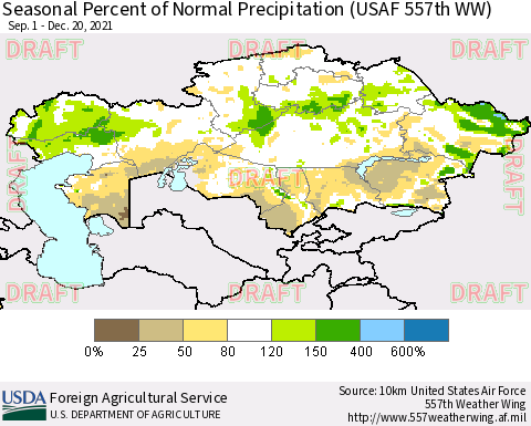 Kazakhstan Seasonal Percent of Normal Precipitation (USAF 557th WW) Thematic Map For 9/1/2021 - 12/20/2021