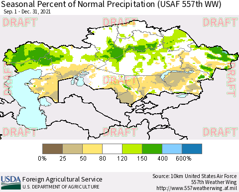 Kazakhstan Seasonal Percent of Normal Precipitation (USAF 557th WW) Thematic Map For 9/1/2021 - 12/31/2021