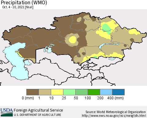 Kazakhstan Precipitation (WMO) Thematic Map For 10/4/2021 - 10/10/2021