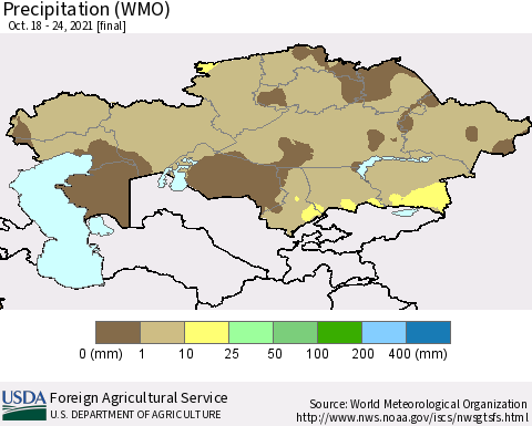 Kazakhstan Precipitation (WMO) Thematic Map For 10/18/2021 - 10/24/2021