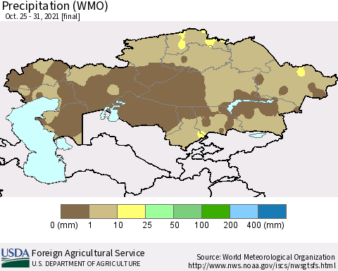 Kazakhstan Precipitation (WMO) Thematic Map For 10/25/2021 - 10/31/2021