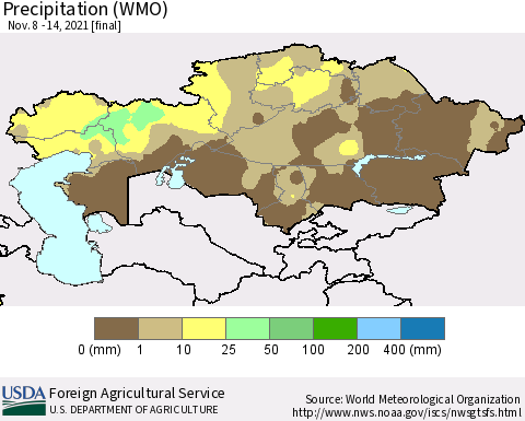 Kazakhstan Precipitation (WMO) Thematic Map For 11/8/2021 - 11/14/2021