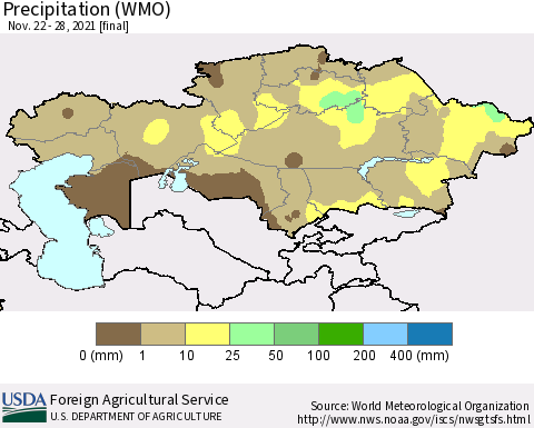 Kazakhstan Precipitation (WMO) Thematic Map For 11/22/2021 - 11/28/2021